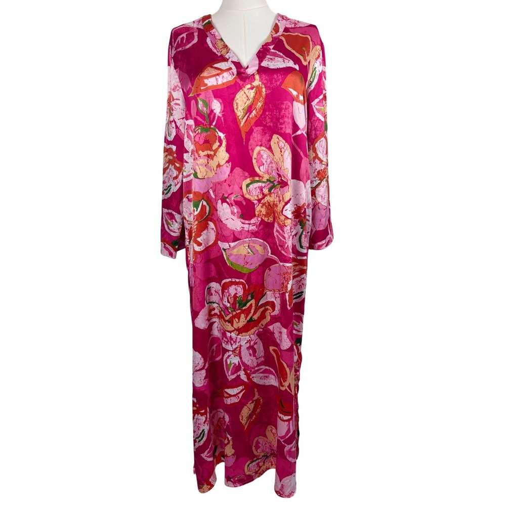 Natori Pink Floral Maxi Caftan Silky Dress Resort Tropical Lounge Cruise Boho
